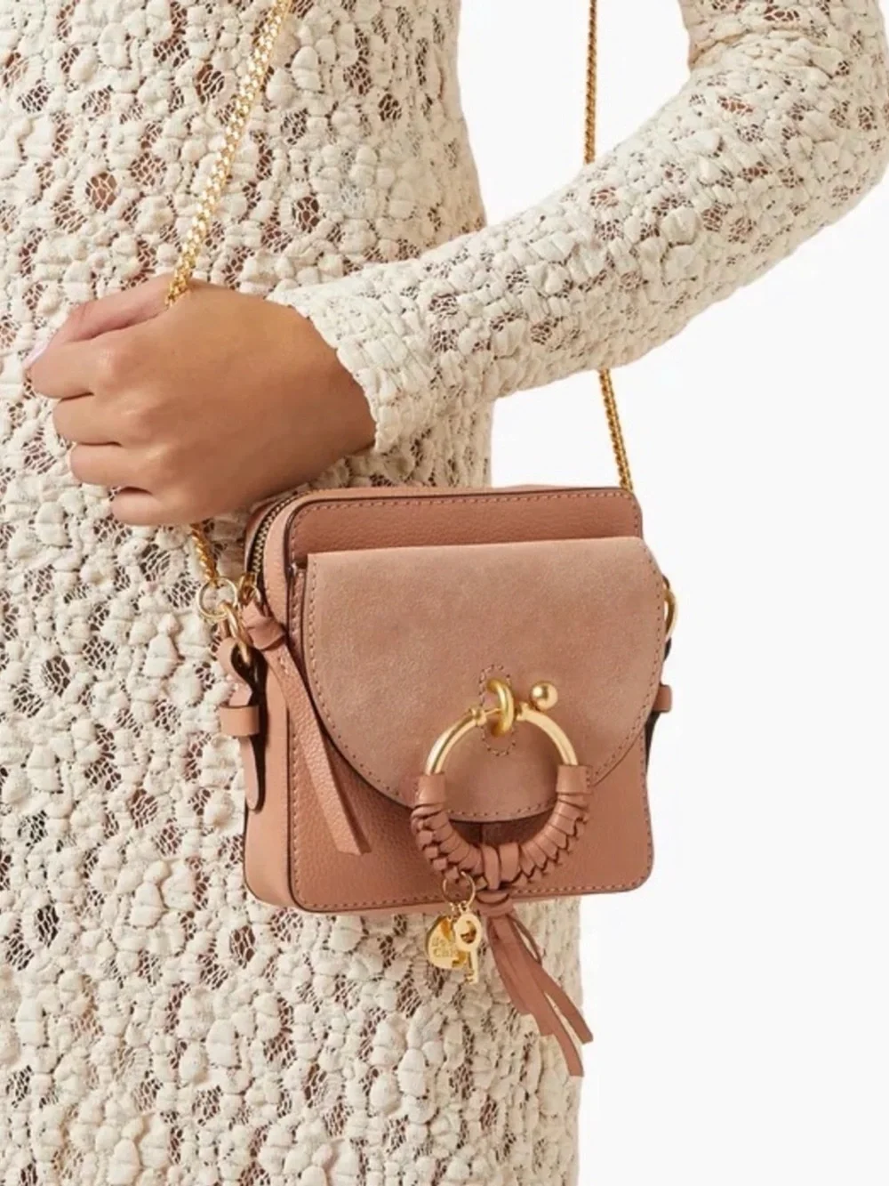 See By Chloe Blush Pink Suede & Leather Crossbody with Gold Ring